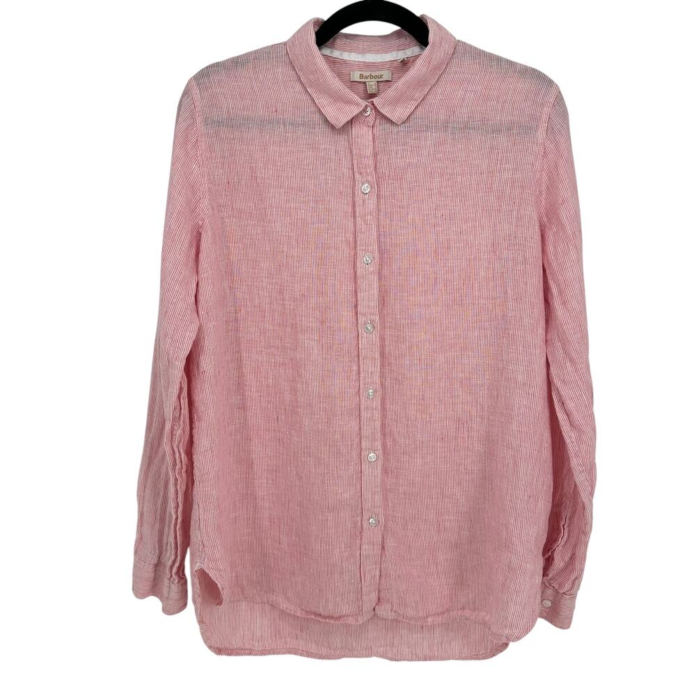Barbour Marine Women’s Shirt Size 6 Pink Stripe Linen‎ Relaxed Fit Long Sleeve